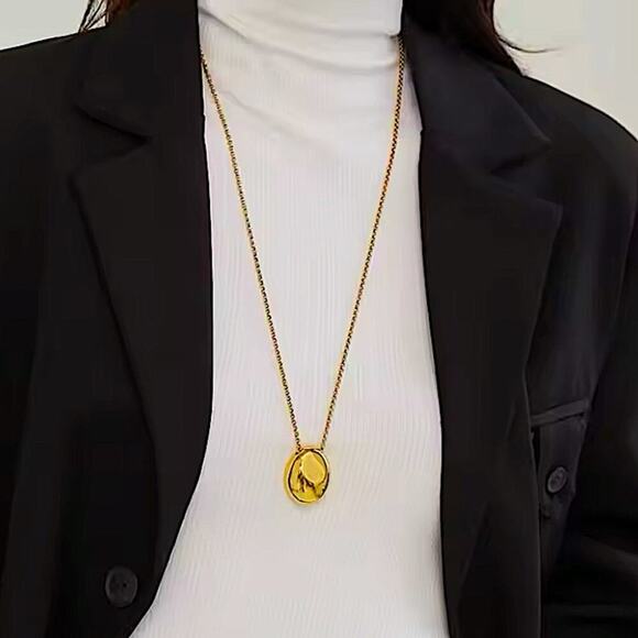 Gold Minimalist Long Oval Sweater Necklace Stainless Steel Pendant Waterproof - Picture 6 of 8